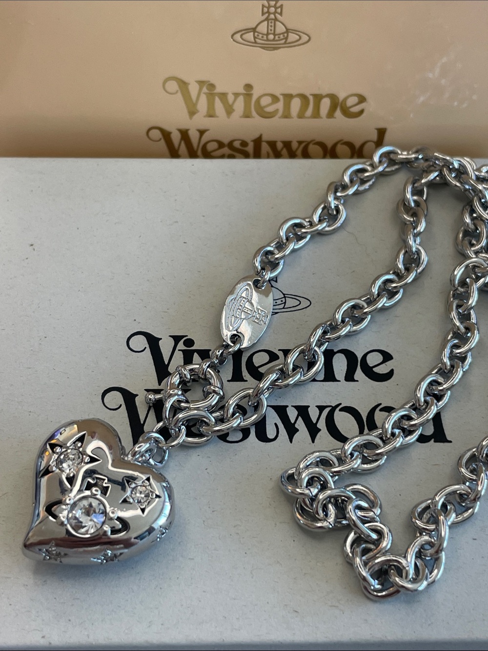 Vivienne Westwood Puffy Heart Orb Star Crystal Pendant Necklace Silver Tone